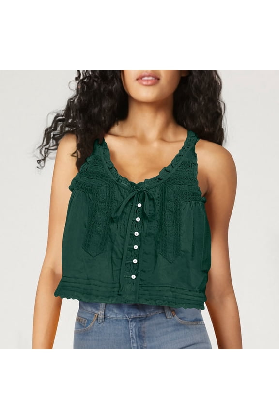 Cute Tops for Women Button Round Neck Sleeveless Lace Tank Tops Loose Vacation Casual Crop Tops Summer
