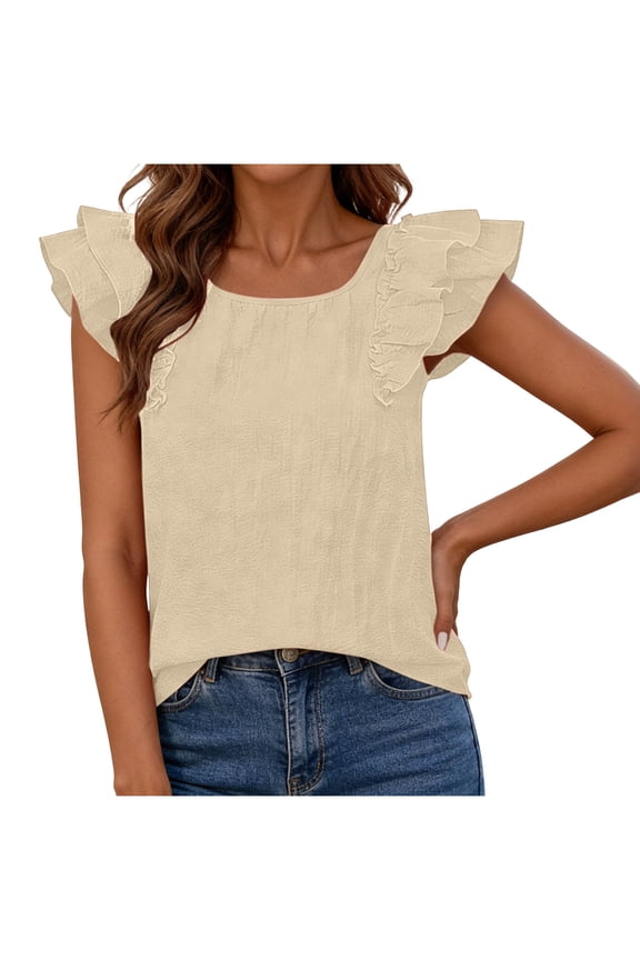 Cute Tops for Women Summer Round Neck Ruffle Short Sleeve Blouses Casual Bow Back Loose Shirts Trendy Tops