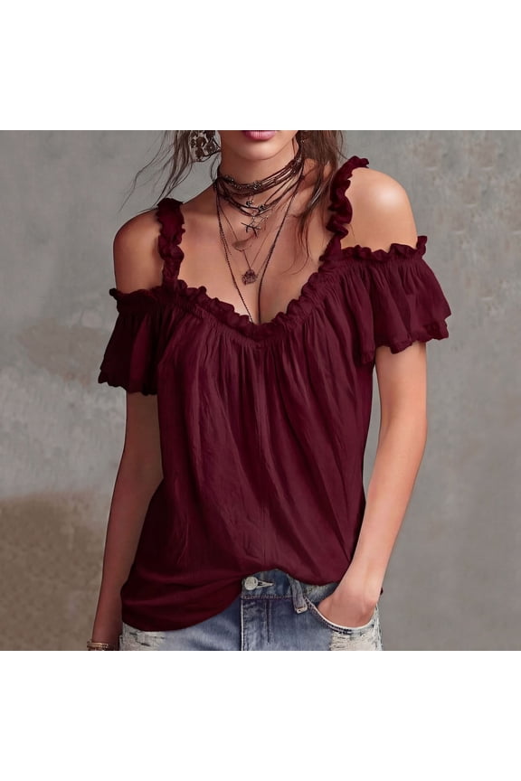 Cute Tops for Women V Neck Cold Shoulder Short Sleeve Ruffle Blouses Loose Vacation Beach Ruched Tops Summer