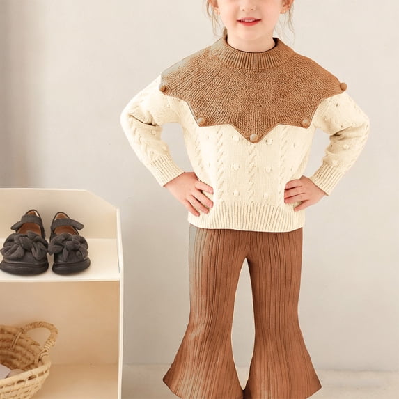 PInxai Fall Cute 2 Piece Sets for Girls Knitted Crew Neck Long Sleeve Tops Elastic Waisted Flare Leg Pants Fashion Clothing,Beige,1-2 Years