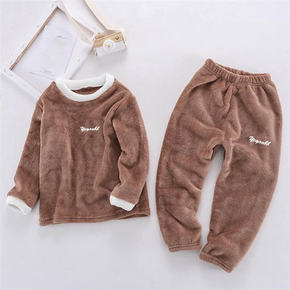 PInxai Fall Unisex Clothes Comfy Girls Boys 2 Piece Outfits Round Neck Long Sleeve Tops Elastic Waisted Pants,Khaki,5-6 Years