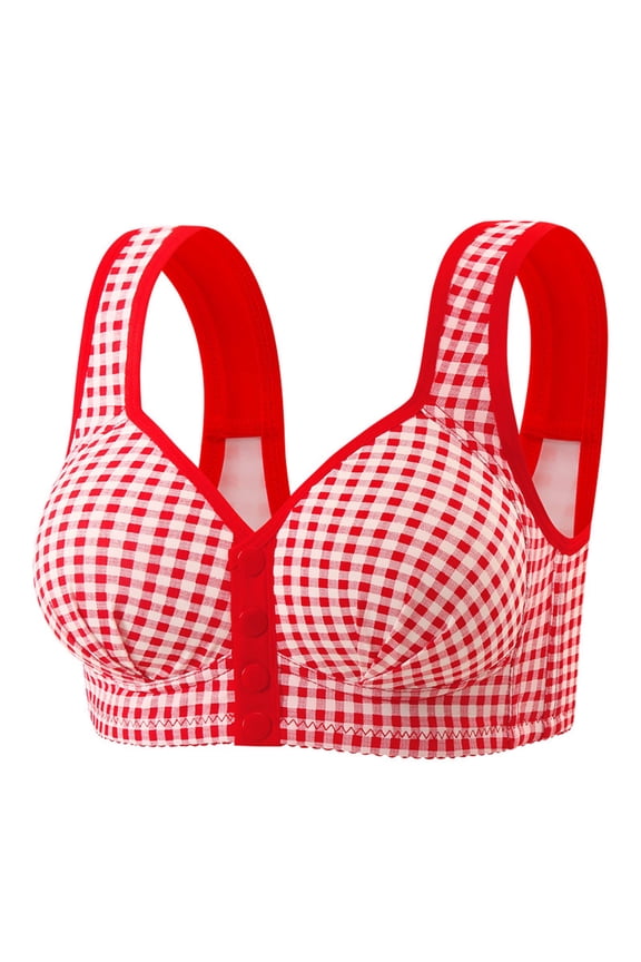 Front Closure Bras for Women Plaid Wide Straps Supportive No Underwire Bralettes Easy Closure Comfy Cute Bras,Red,46
