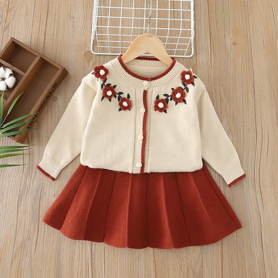 PInxai Girls Clothes Cute Fall 2 Piece Sets Long Sleeve Button down Tops Elastic Waisted Pleated Skirts Kids Outfits,Beige,3 Years