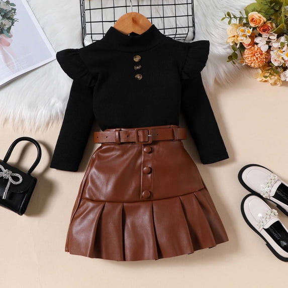 PInxai Girls Clothes Fashion Fall Party 2 Piece Sets Ruffle Hem High Neck Tops Pleated Skirts Dresses Cute Kids Sets,Black,120/4Y