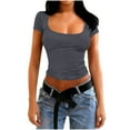 thumbnail image 1 of PInxai Going out Tops for Women Summer Square Neck Short Sleeve Basic Tee Slim Fitting Cute Crop Tops Shirts, 1 of 5