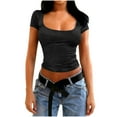 thumbnail image 1 of PInxai Going out Tops for Women Summer Square Neck Short Sleeve Basic Tee Slim Fitting Cute Crop Tops Shirts, 1 of 5