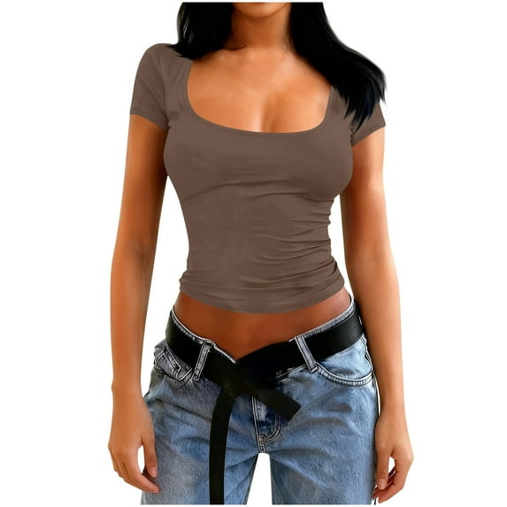 PInxai Going out Tops for Women Summer Square Neck Short Sleeve Basic Tee Slim Fitting Cute Crop Tops Shirts