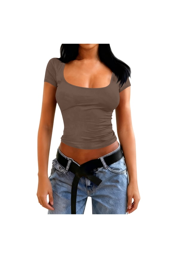 Going out Tops for Women Summer Square Neck Short Sleeve Basic Tee Slim Fitting Cute Crop Tops Shirts