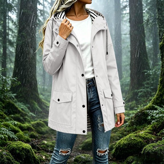 PInxai Hiking Jackets Women Drawstring Hooded Long Sleeve Sun Protection Windbreaker Jackets Casual Outdoor Coats with Pockets,White,S