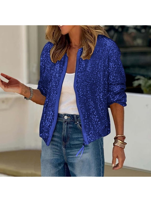 Jackets for Women Sparkly Sequin Zip up Long Sleeve Round Neck Fall Fashionable Coats Party Clubwear Outwear,Blue,S