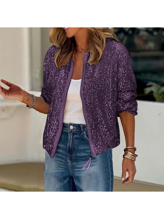 Jackets for Women Sparkly Sequin Zip up Long Sleeve Round Neck Fall Fashionable Coats Party Clubwear Outwear,Purple,XS