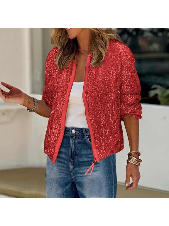 Jackets for Women Sparkly Sequin Zip up Long Sleeve Round Neck Fall Fashionable Coats Party Clubwear Outwear,Red,M