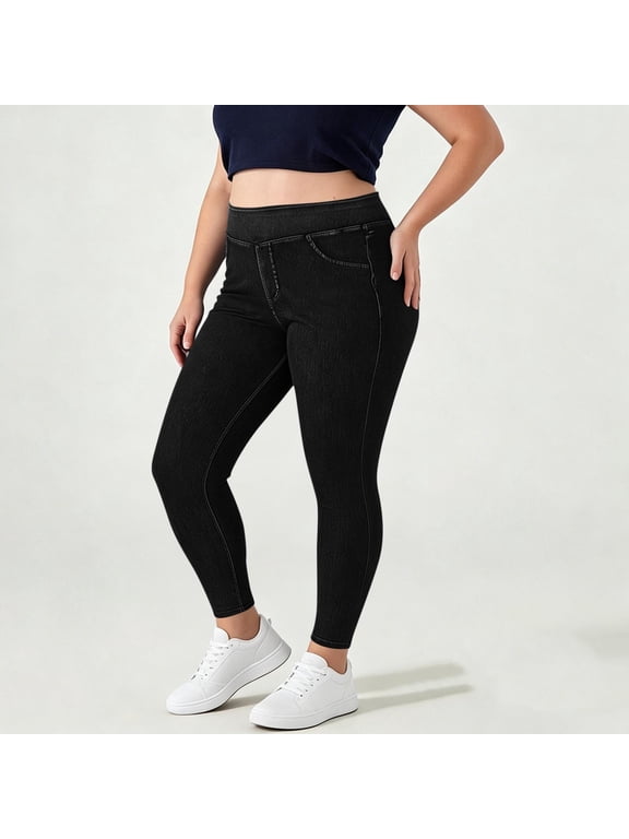 Jeans for Women Plus Size High Elastic Waisted Denim Leggings Skinny Stretchy Streetwear Fashion Pants,Black,XXL
