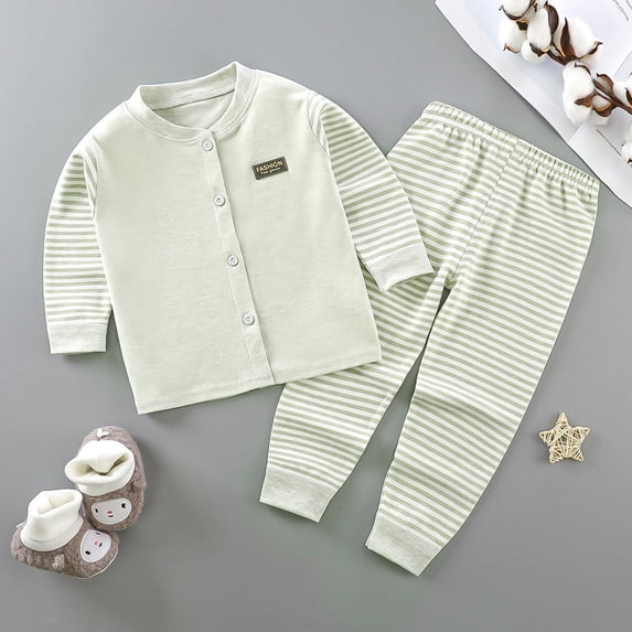 PInxai Kids Clothes Fall Comfy Casual 2 Piece Sets Striped Long Sleeve Button down Tops Elastic Waisted Pants Thermal Underwear Outfits,Green,18 Months