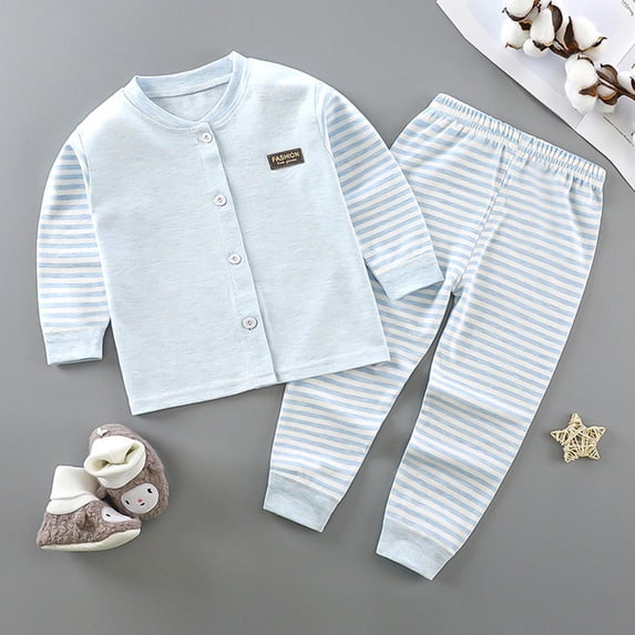 PInxai Kids Clothes Fall Comfy Casual 2 Piece Sets Striped Long Sleeve Button down Tops Elastic Waisted Pants Thermal Underwear Outfits,Blue,2 Years
