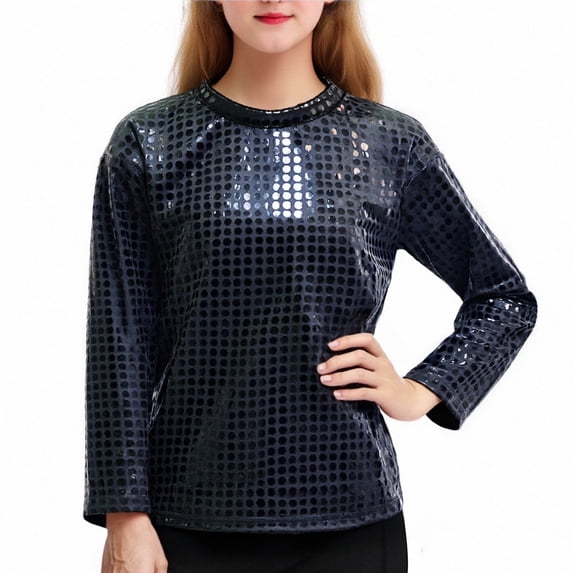 PInxai Kids Clothes Fall Fashion Tops Sparkly Crew Neck Long Sleeve Tops Girls Boys Performance Party Blouses Tops,Black,9-10 Years