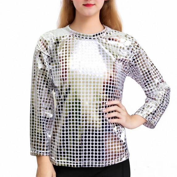 PInxai Kids Clothes Fall Fashion Tops Sparkly Crew Neck Long Sleeve Tops Girls Boys Performance Party Blouses Tops,Silver,4-5 Years