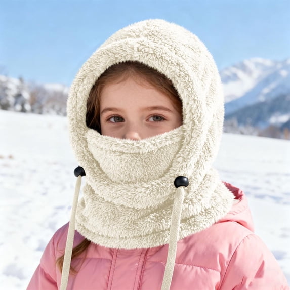 PInxai Kids Hats Winter Warm Thick Double-Layer Pullover Scarf Hat Fleece Lined Solid Color Windproof Outdoor Hats,Beige,3-10 Years