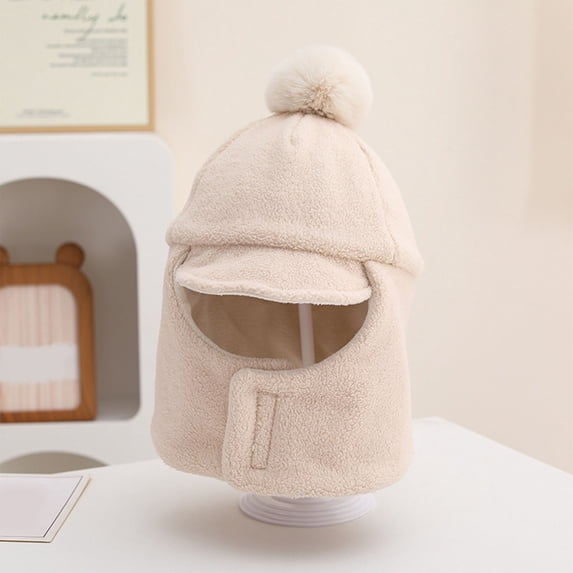 PInxai Kids Hats with Pom Cute Ear Protection Windproof Winter Boys Girls Knitted Hats Solid Color Warm Hats with Neck Warmer,Beige,Free Size
