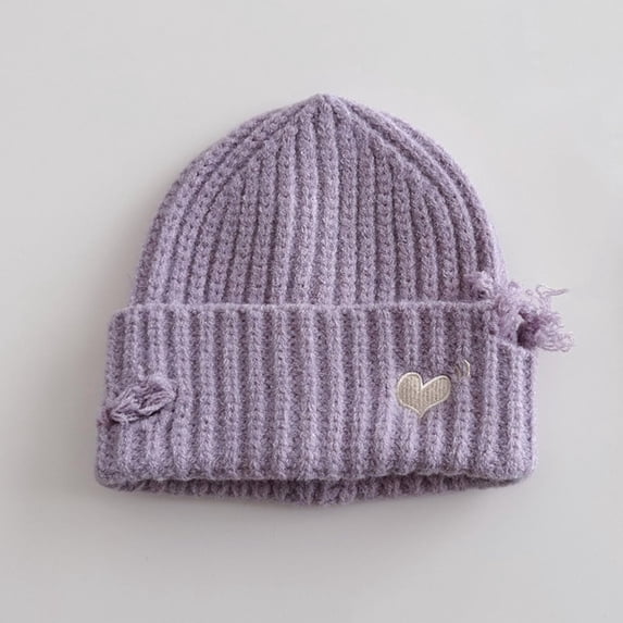 PInxai Kids Winter Knitted Hats Windproof Warm Comfy Children Caps Casual Comfy Stretch Heart Embroidered Outdoor Hats,Purple,Free Size