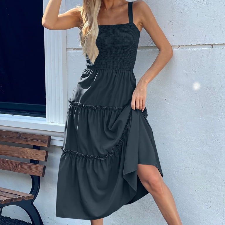 ruched tiered dress Pinxai Long Dresses for Women Summer Square Neck Sleeveless Smocked Waist Dresses Ruched Slim Tiered Maxi Dress, Women's, Size: XL, Gray