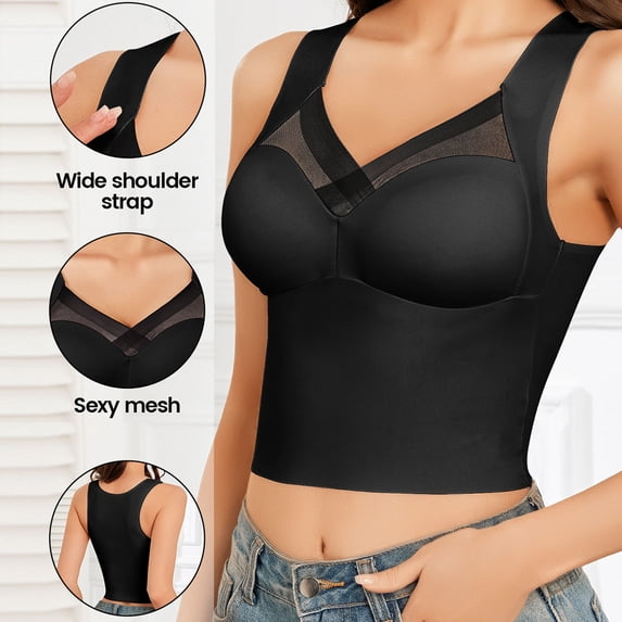 PInxai Longline Bras for Women Mesh Wide Straps Breathable Smoothing Back Bras Comfy Supportive Built in Bra Tank Tops,Black,L
