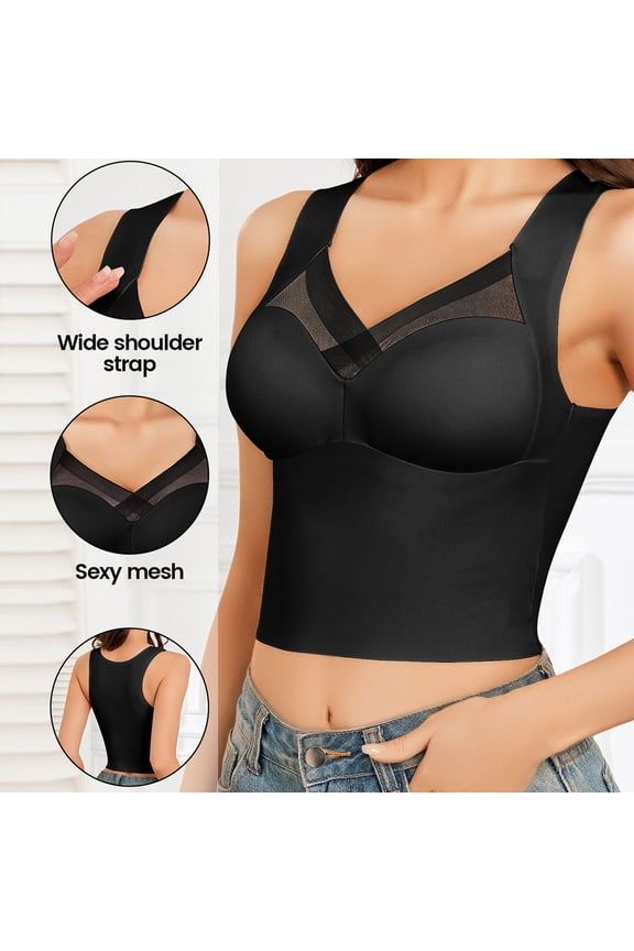 Longline Bras for Women Mesh Wide Straps Breathable Smoothing Back Bras Comfy Supportive Built in Bra Tank Tops,Black,XL
