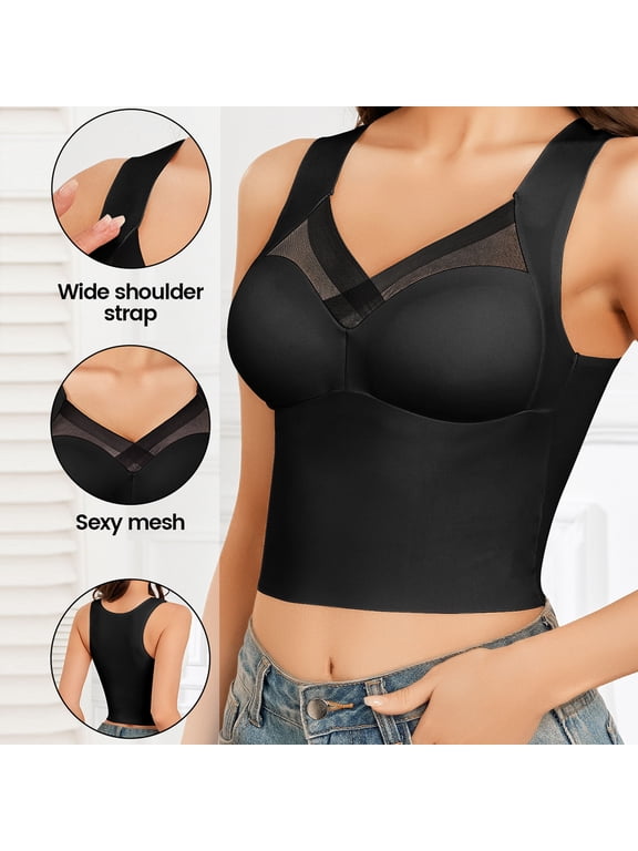 Longline Bras for Women Mesh Wide Straps Breathable Smoothing Back Bras Comfy Supportive Built in Bra Tank Tops,Black,XXL