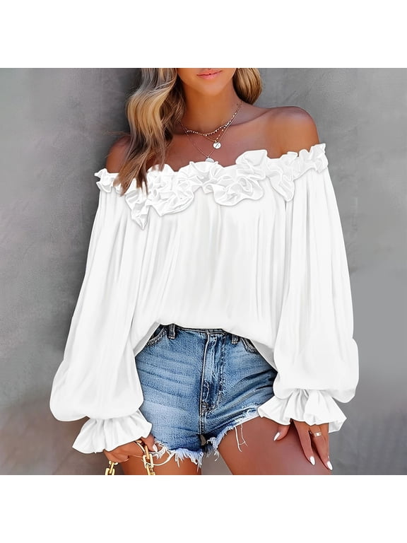 Off the Shoulder Tops for Women Plus Size Ruched Long Sleeve Casual Blouses Loose Beach Vacation Trendy Shirts,White,XXL