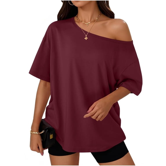 PInxai Off the Shoulder Tops for Women Summer Oversized Short Sleeve T Shirts Casual Loose Vacation Beach Blouse Tops