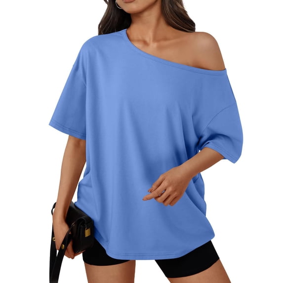 PInxai Off the Shoulder Tops for Women Summer Oversized Short Sleeve T Shirts Casual Loose Vacation Beach Blouse Tops
