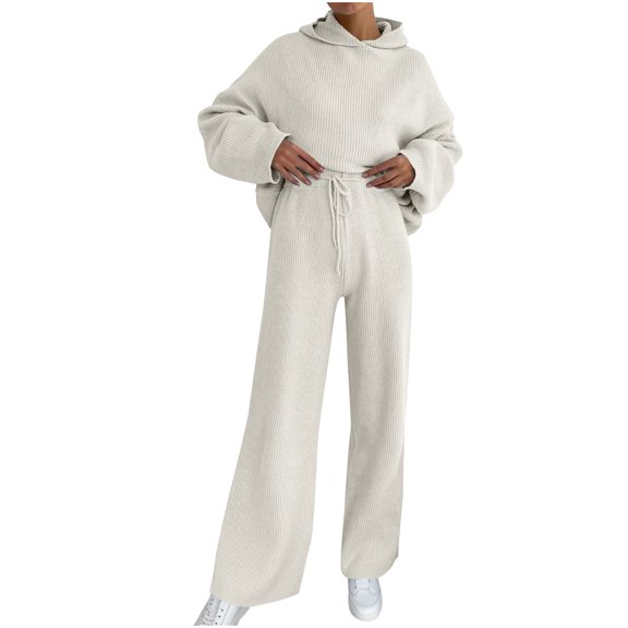 PInxai Outfits for Women Loose Ribbed Sweatsuits Long Sleeve Hoodies Drawstring Wide Leg Pants Casual Trendy Winter Matching Sets,White,XL