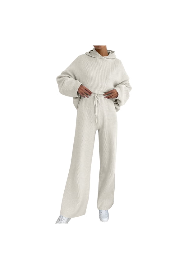 Outfits for Women Loose Ribbed Sweatsuits Long Sleeve Hoodies Drawstring Wide Leg Pants Casual Trendy Winter Matching Sets,White,XL