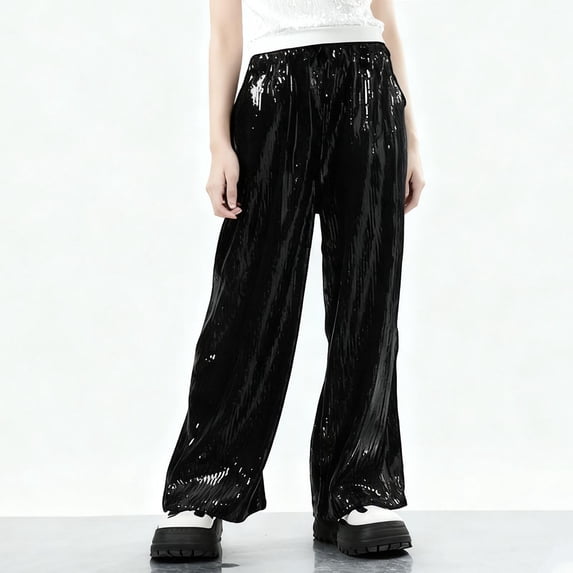 PInxai Pants for Girls Boys Sparkly Sequin Performance Fashion Pants Wide Leg Elastic Waisted Trousers for Kids,Black,11-12 Years