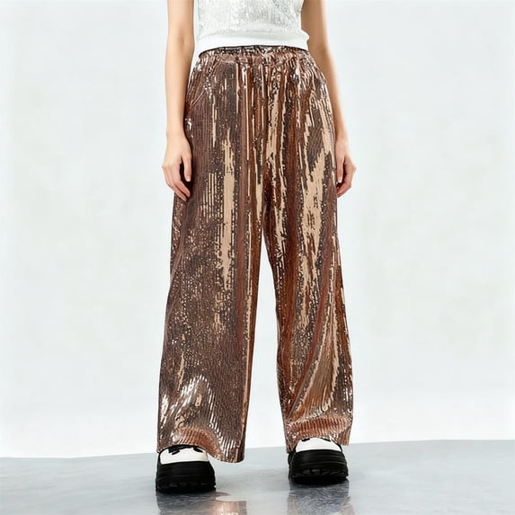 PInxai Pants for Girls Boys Sparkly Sequin Performance Fashion Pants Wide Leg Elastic Waisted Trousers for Kids,Gold,11-12 Years