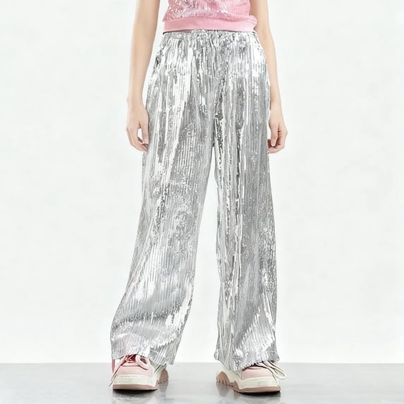 PInxai Pants for Girls Boys Sparkly Sequin Performance Fashion Pants Wide Leg Elastic Waisted Trousers for Kids,Silver,14-15 Years