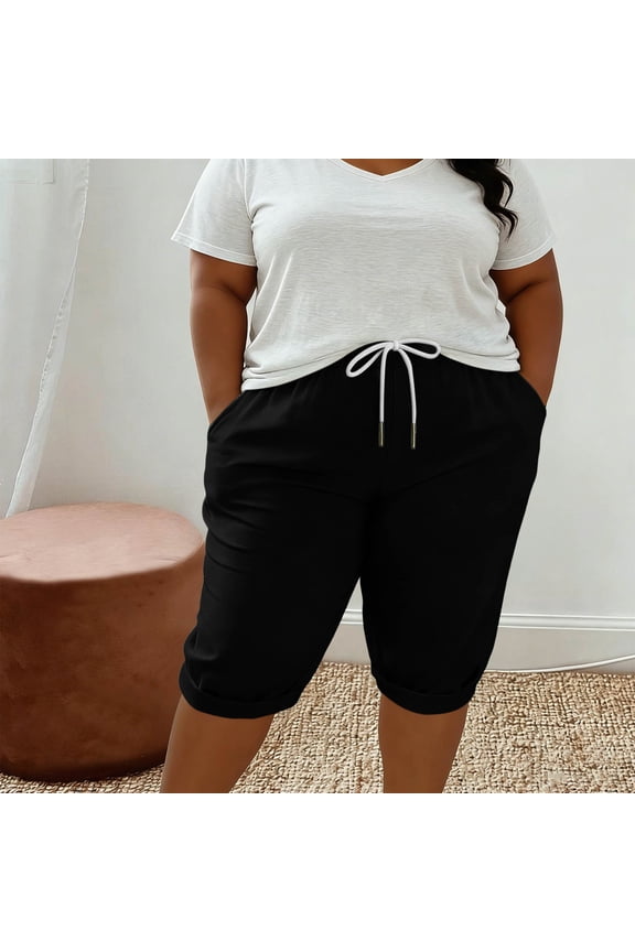 Plus Size Shorts for Women Summer Elastic Drawstring Shorts Casual Loose Fitting Vacation Beach Shorts with Pockets
