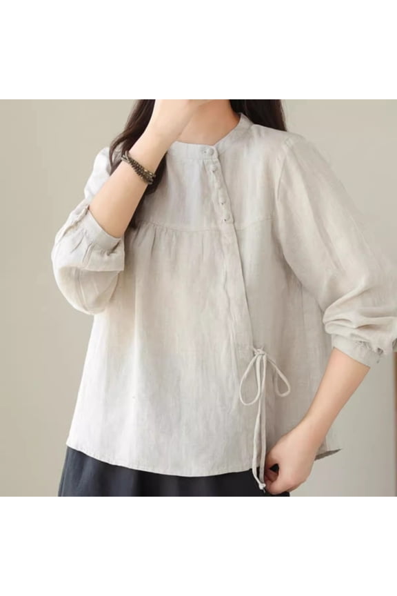 Plus Size Tops for Women Summer Button Round Neck Three Quarter Tie Front Shirts Loose Casual Vacation Beach Tops