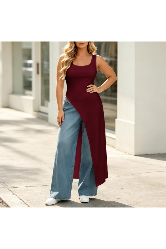 Plus Size Tops for Women Summer Square Neck Sleeveless Asymmetrical Hem Tank Tops Side Split Slim Shirts Tops