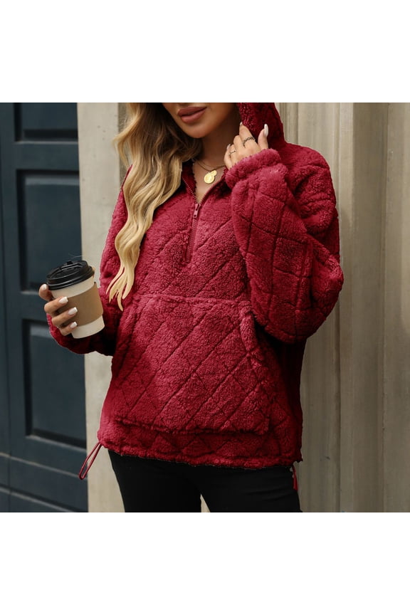 Quarter Zip Pullover Women Fleece Warm Comfy Fluzzy Sweatshirts Casual Hooded Long Sleeve Tops with Pocket,Wine,S
