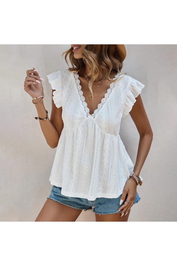 Summer Tank Tops for Women Lace V Neck Ruffle Cap Sleeve Ruched Cute Blouses Hollow out Slim Fitting Vacation Cropped Tops