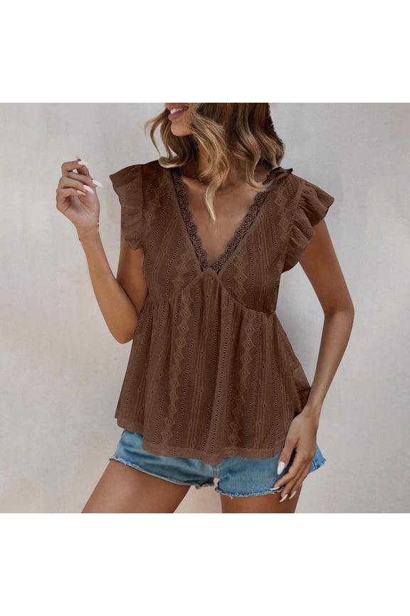 Summer Tank Tops for Women Lace V Neck Ruffle Cap Sleeve Ruched Cute Blouses Hollow out Slim Fitting Vacation Cropped Tops
