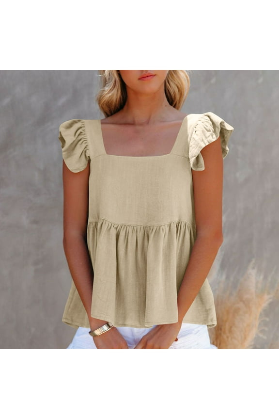 Summer Tank Tops for Women Sleeveless Button Square Neck Ruffle Straps Ruched Shirts Cute Vacation Camis