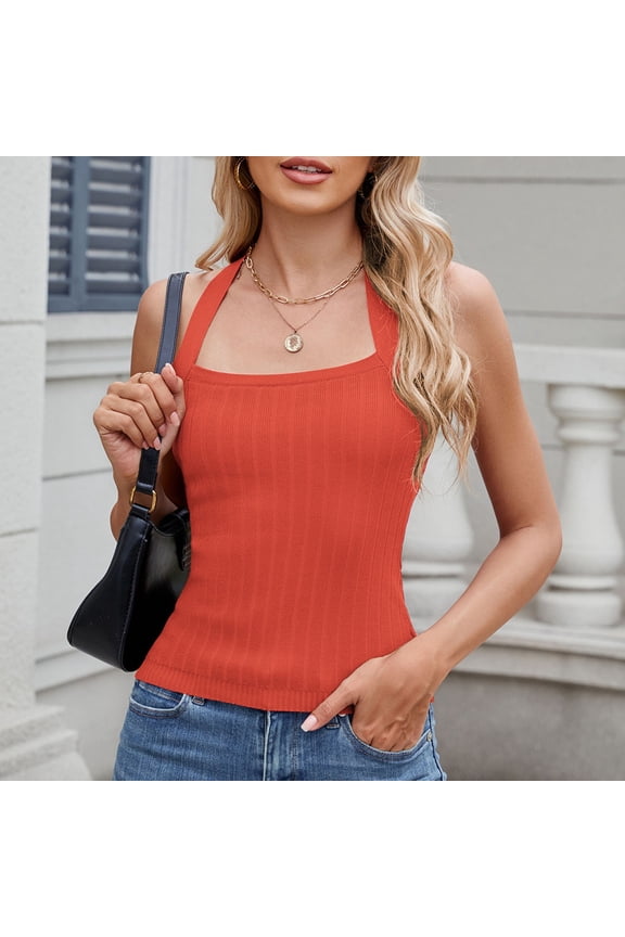 Summer Tank Tops for Women Square Neck Halter Tie Backless Going out Tops Skinny Fitting Comfy Camis