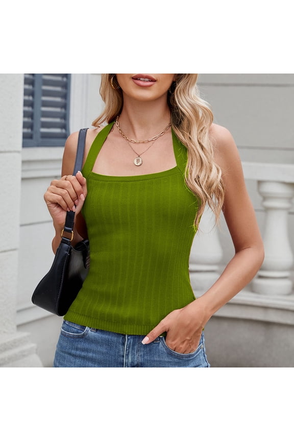 Summer Tank Tops for Women Square Neck Halter Tie Backless Going out Tops Skinny Fitting Comfy Camis
