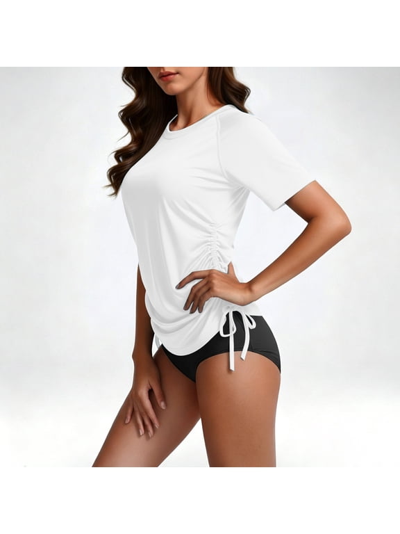 Summer Tops for Women Crew Neck Short Sleeve Pleated Side Drawstring Blouse Loose Fitting Vacation Beach Tops