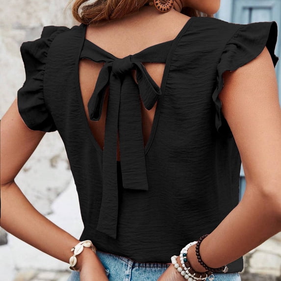 PInxai Summer Tops for Women Round Neck Ruffle Cap Sleeve Blouses Casual Open Back Vacation Beach Loose Fitting Summer Tops