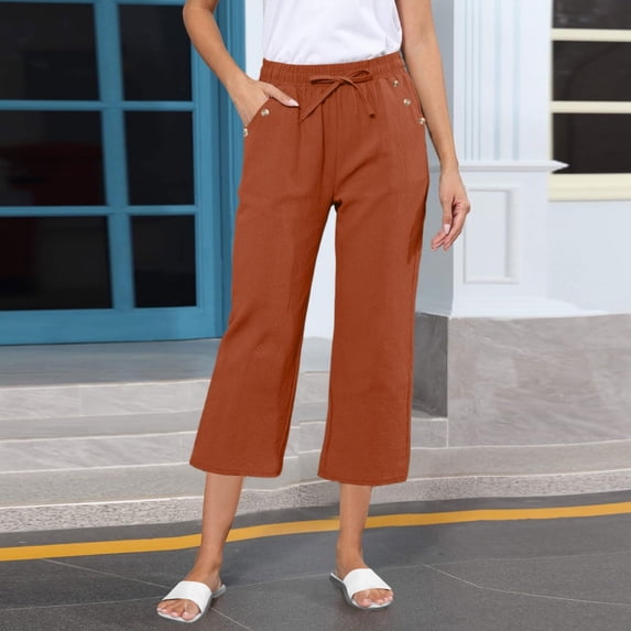 PInxai Summer Womens Capri Pants Cotton Linen Drawstring Elastic Waisted Crop Pants Lightweight Casual Loose Capris with Pockets