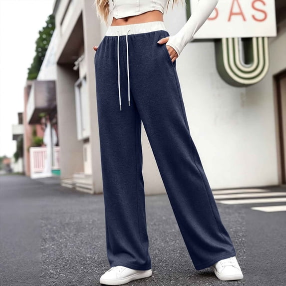 PInxai Sweatpants for Women Drawstring Elastic Waisted Loose Casual Workout Pants Comfy Trousers with Pockets,Navy,XS
