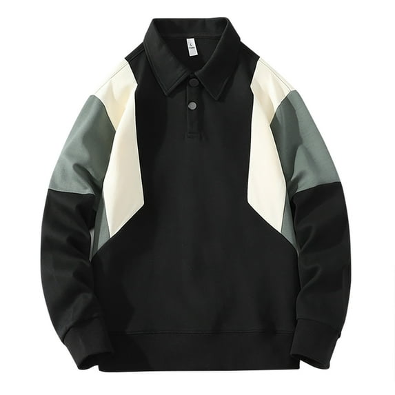 PInxai Tops for Men Fall Lapel Neck Button Long Sleeve Pullover Loose Color Block Casual Shirts Tops